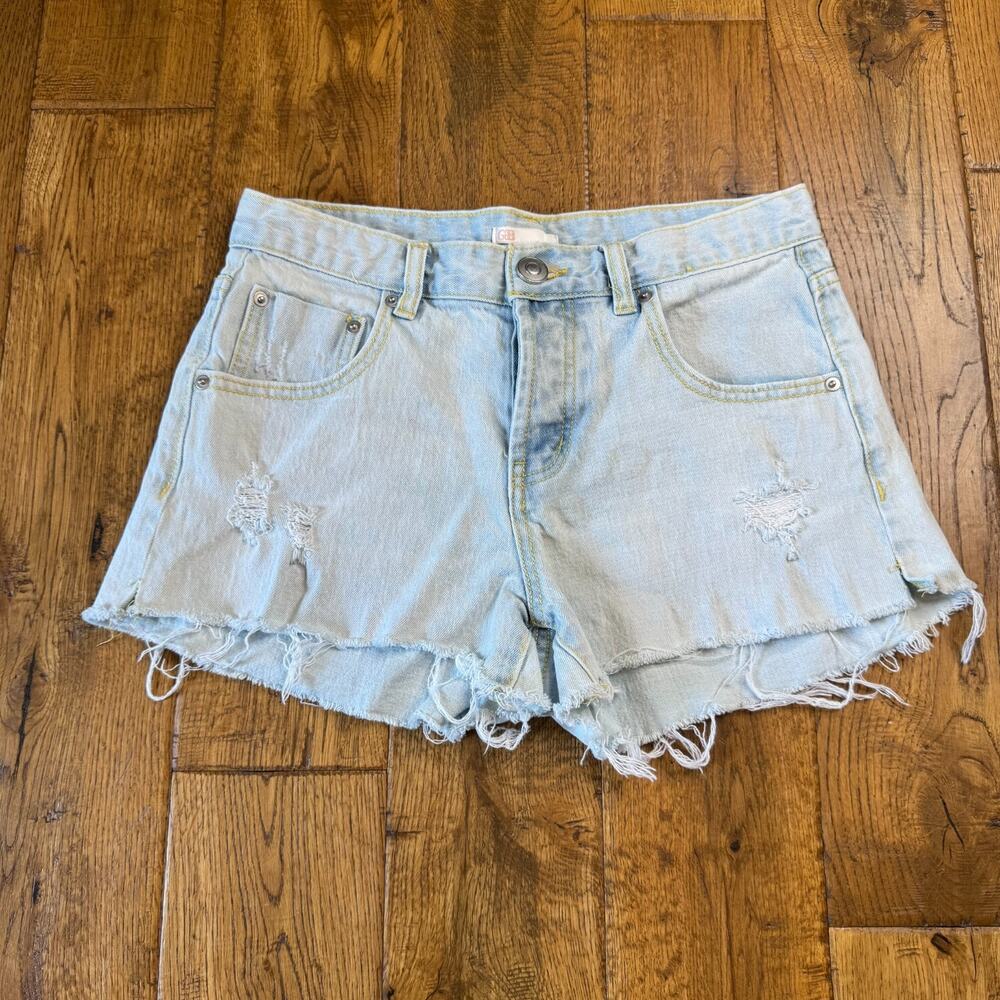 Ganni Bini Denim Cut Off Shorts Light Wash Button Fly Stretch Womens Sz S